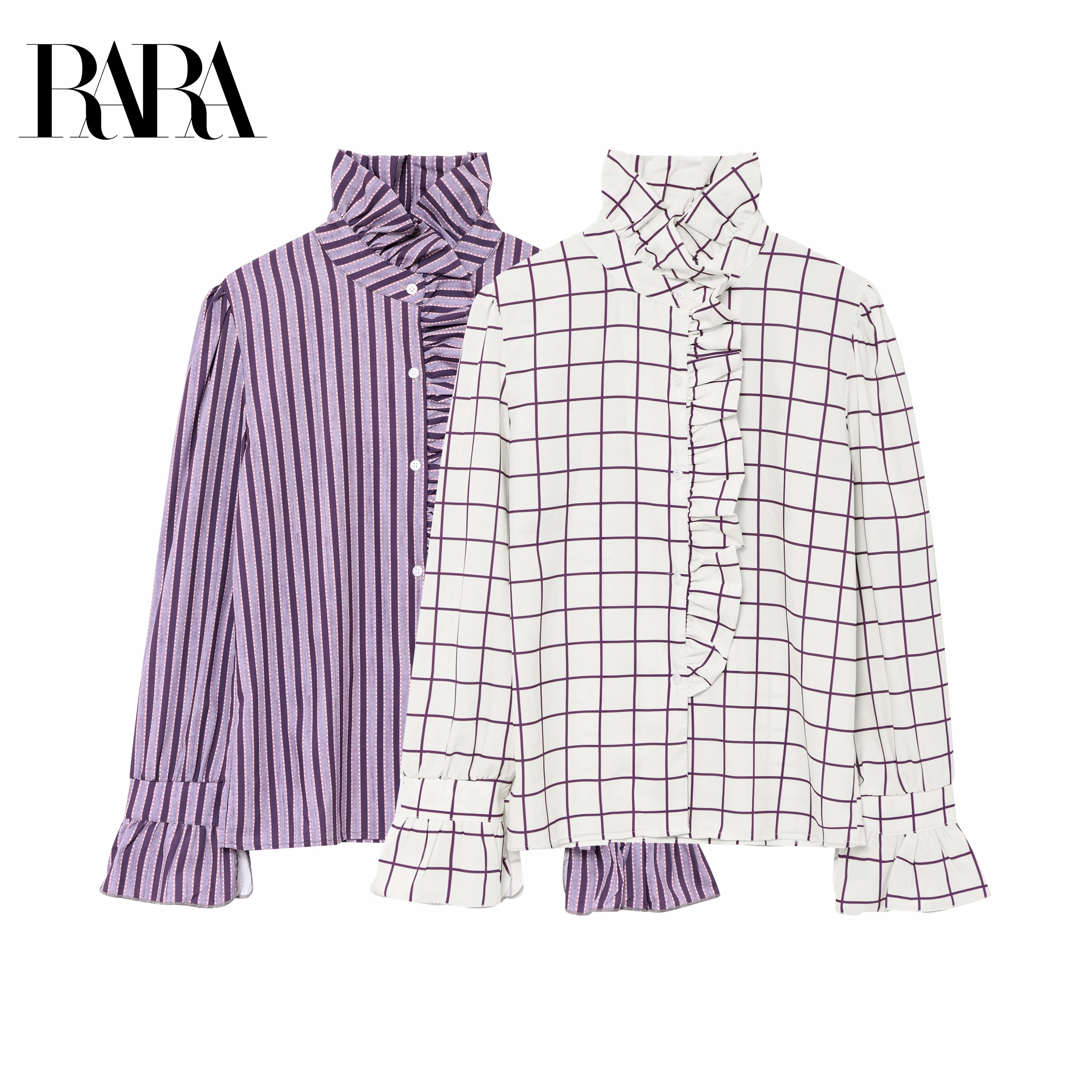 

RARA Ladies Long - sleeve Blouses with Ruffled Collar and Placket and Cuff Decorations Stylish Women's Garments