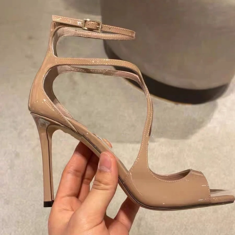

French cross strap sandals, women's slim heels, nude colored high heels, super hot and sexy queen style square toe Roman shoes