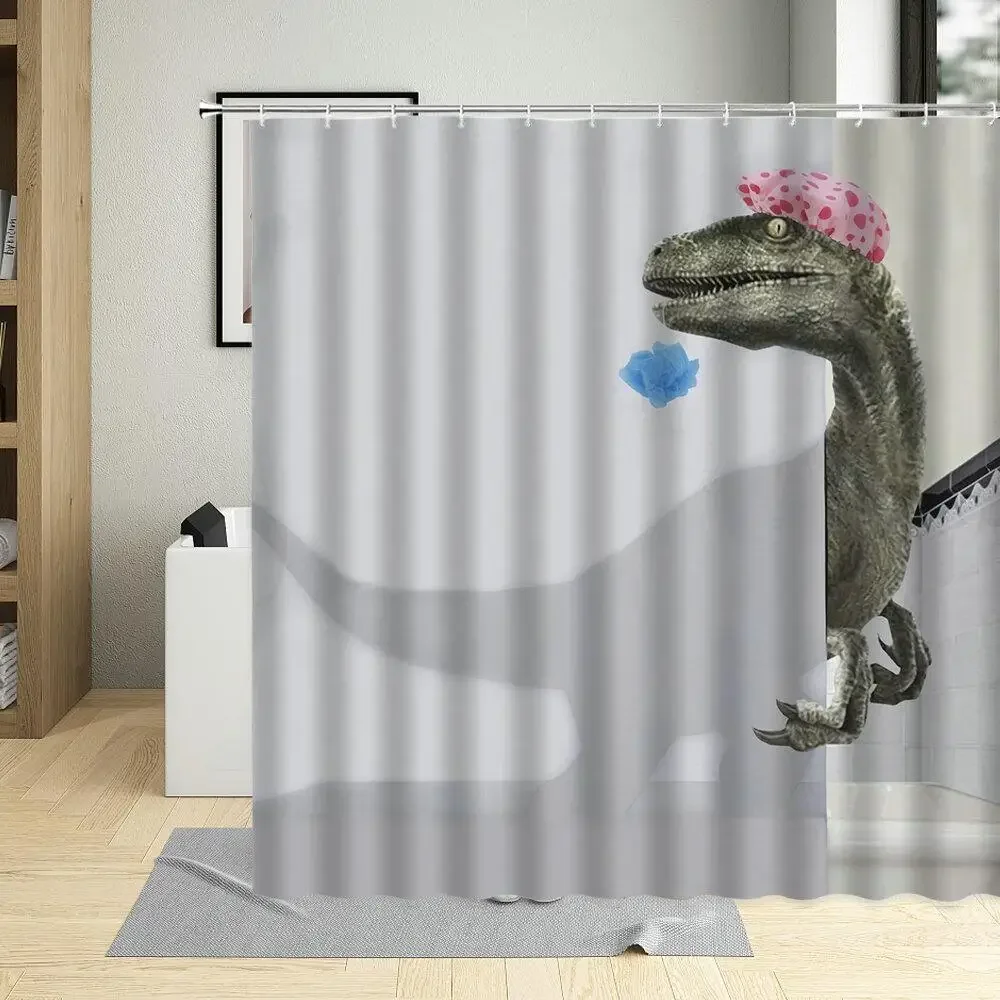 Cortina de Chuveiro Divertida com Dinossauros, Desenho Animado Fofo de Dinossauro Infantil, Animal Divertido para Meninas e Meninos, Tecido de Poliéster Branco e Cinza, Decoração de Banheiro com Gancho