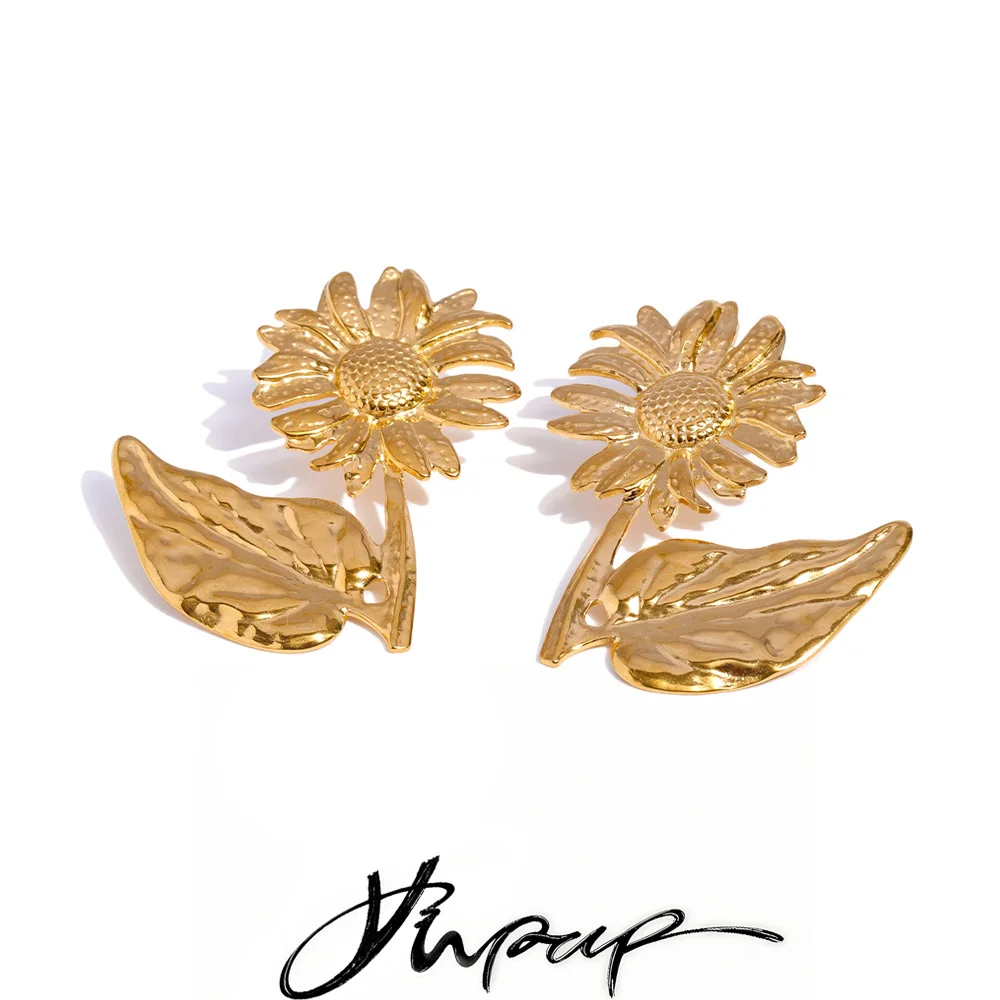 

Yhpup Stainless Steel Metal Sunflower Golden Stud Earrings for Women 18K Golden Plated Versatile Daily Summer Jewelry Wholesale