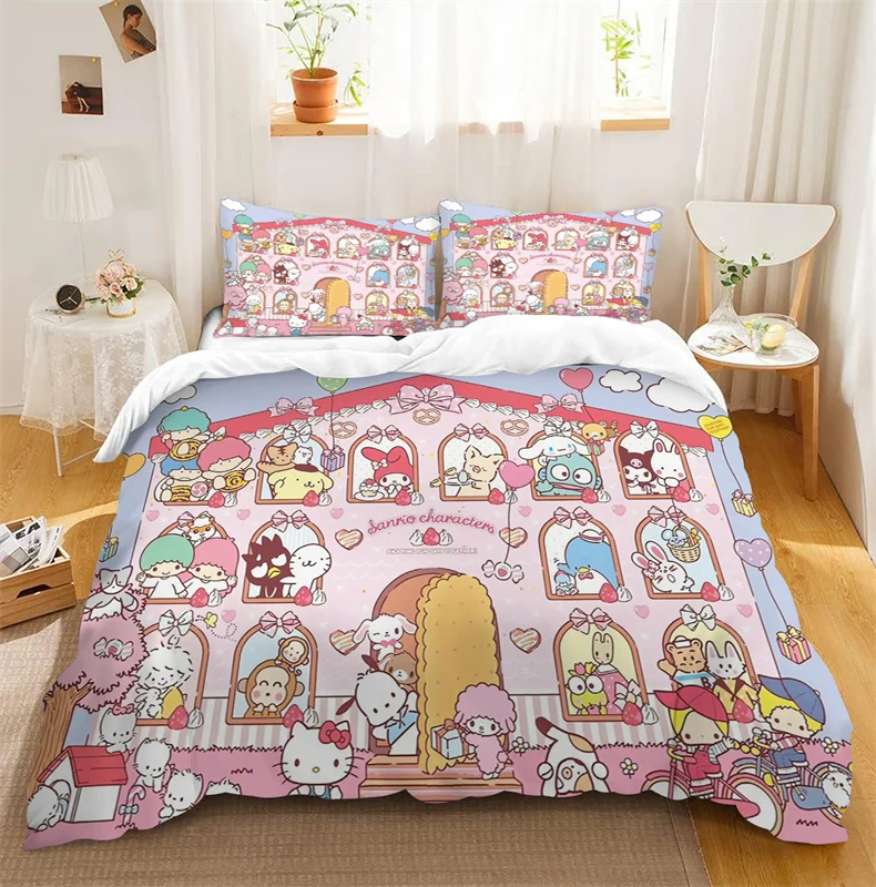 Hello Kitty Bedding Sets Cute Quilt Comforter Bed Cover Duvet Cover Pillow Case 2-3 Pieces Sets Kids Adult Bedroom Decoration