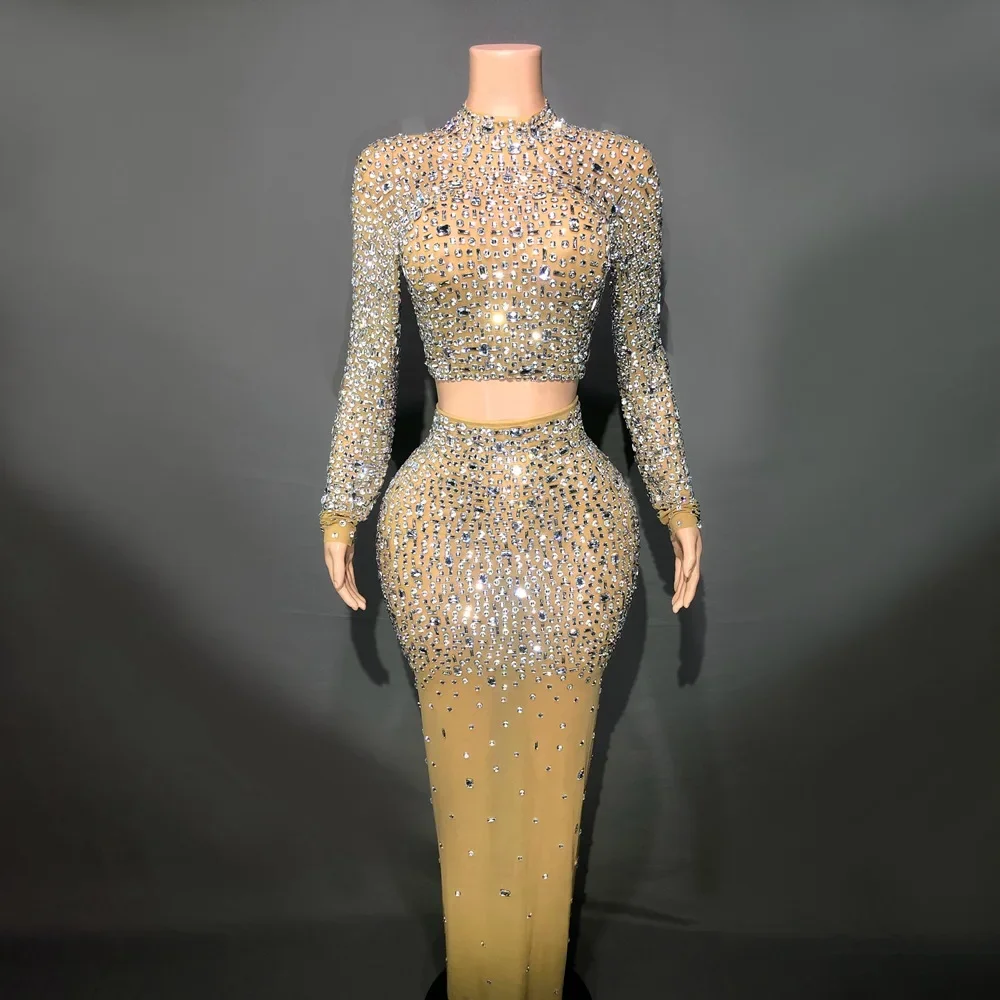 

Sparkly Rhinestones Top Long Skirt Sexy Transparent Stretchy Two Pieces Set Celebrate Evening Prom Gown Birthday Dress for Women