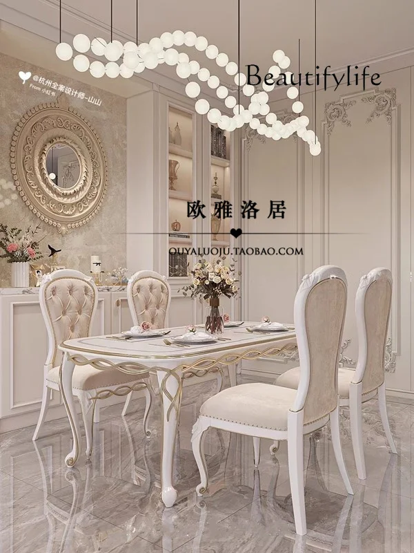 French romantic solid wood carved dining table and chairs solid wood combination retro carved rectangular table
