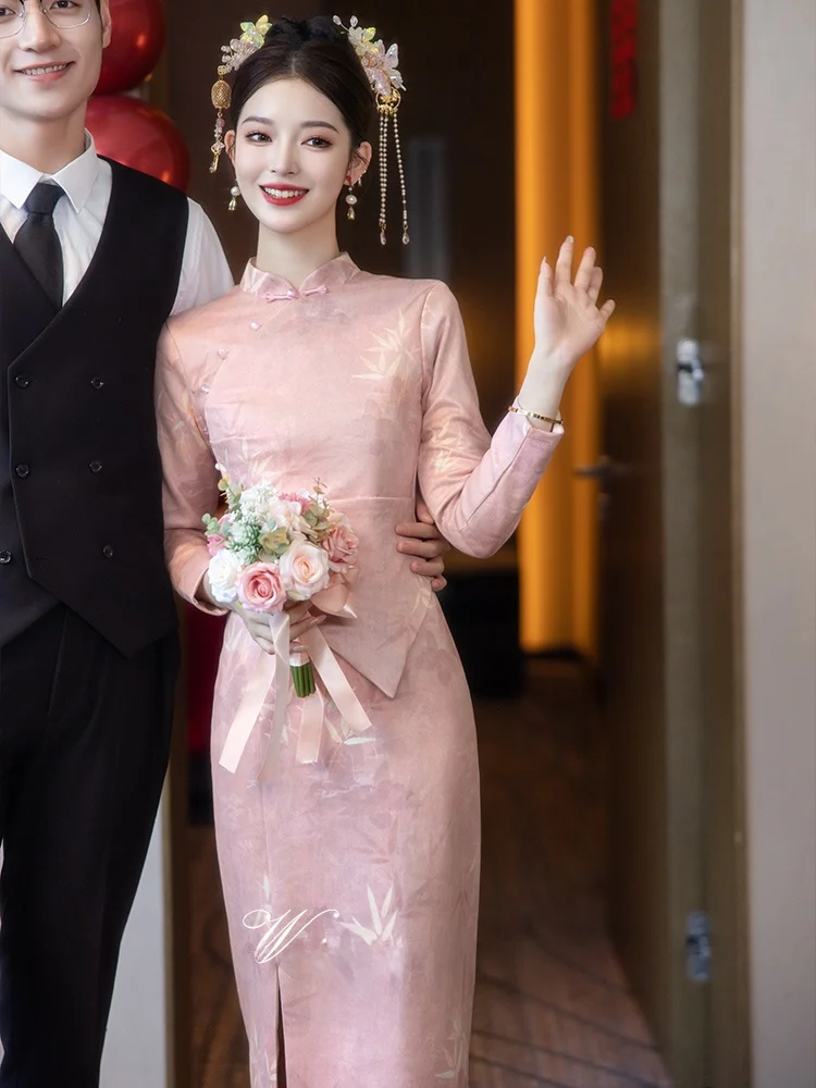 

Pink Wedding Dr Set New Chinese Sle Long Sve Formal Evening Gown for Engagement And Wedding Receptions