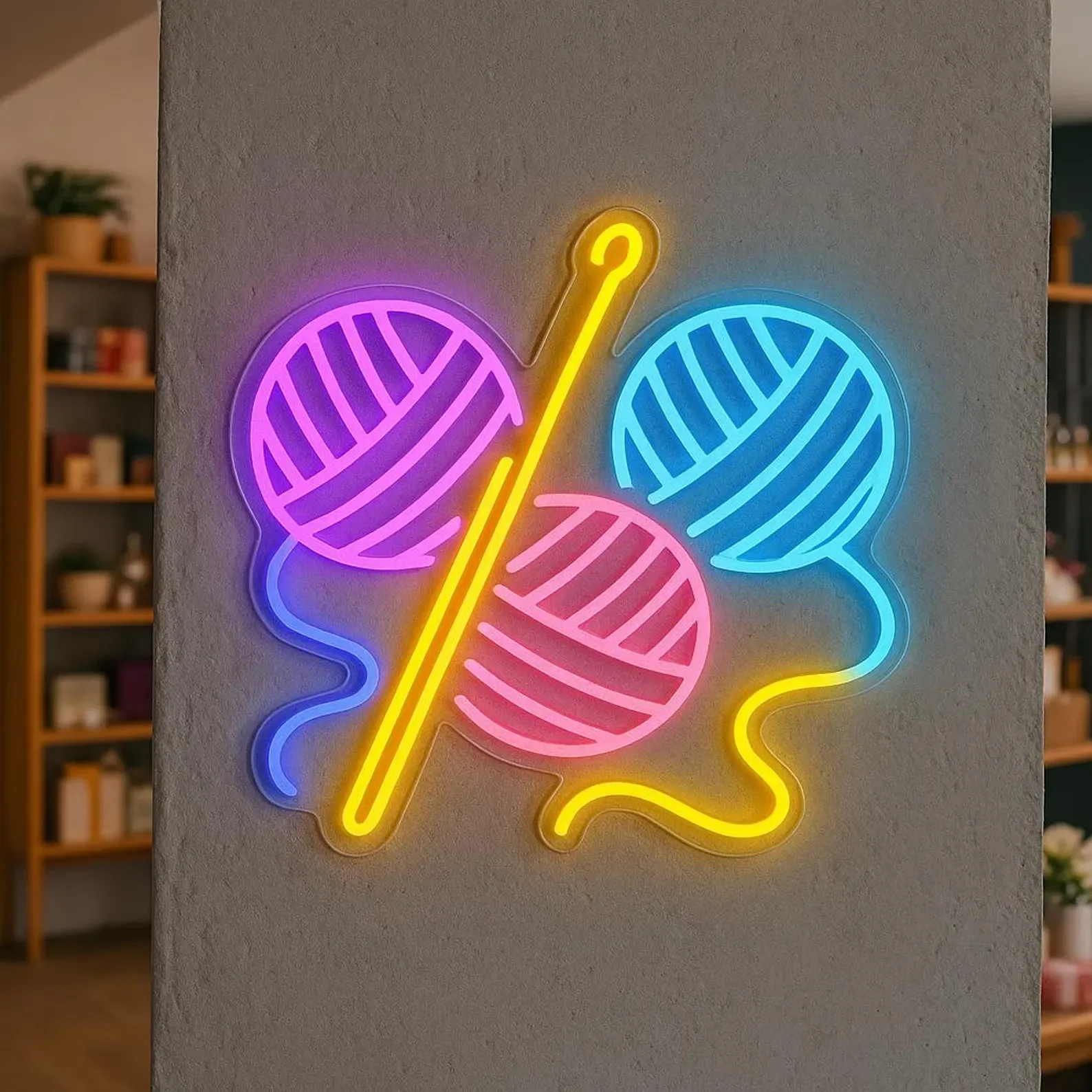 Skein of Thread and Crochet Hook Neon Sign, Decor for Handmade Studio, Knitting Decor, Thread for Knitting Neon Decor