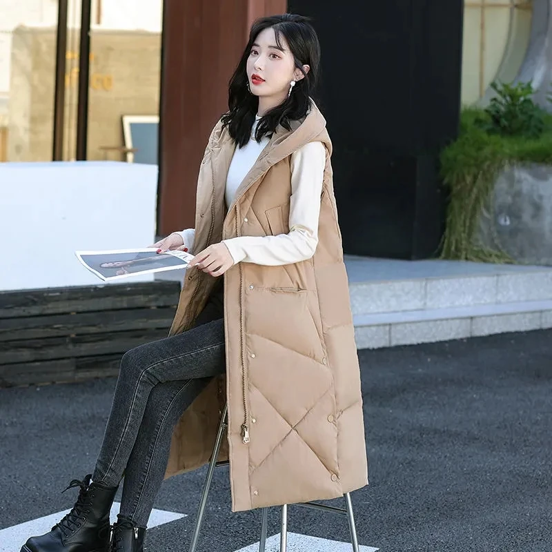2024 New Autumn Winter Down Cotton Vest Women's Puffer Parkas Long Coat Korean Style Slimming Smooths Silhouette Versatile Shoul