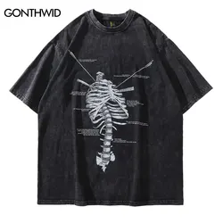 Hip Hop Tshirt Streetwear Men Skeleton Skull Printed Distressed T Shirt 2022 Summer Harajuku Oversize Washed T-Shirt Top Tees