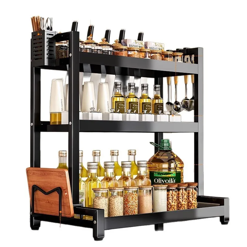 Multifunctional Kitchen Spice Rack Carbon Steel Storage Stand for Condiments Knives Chopsticks Organizer