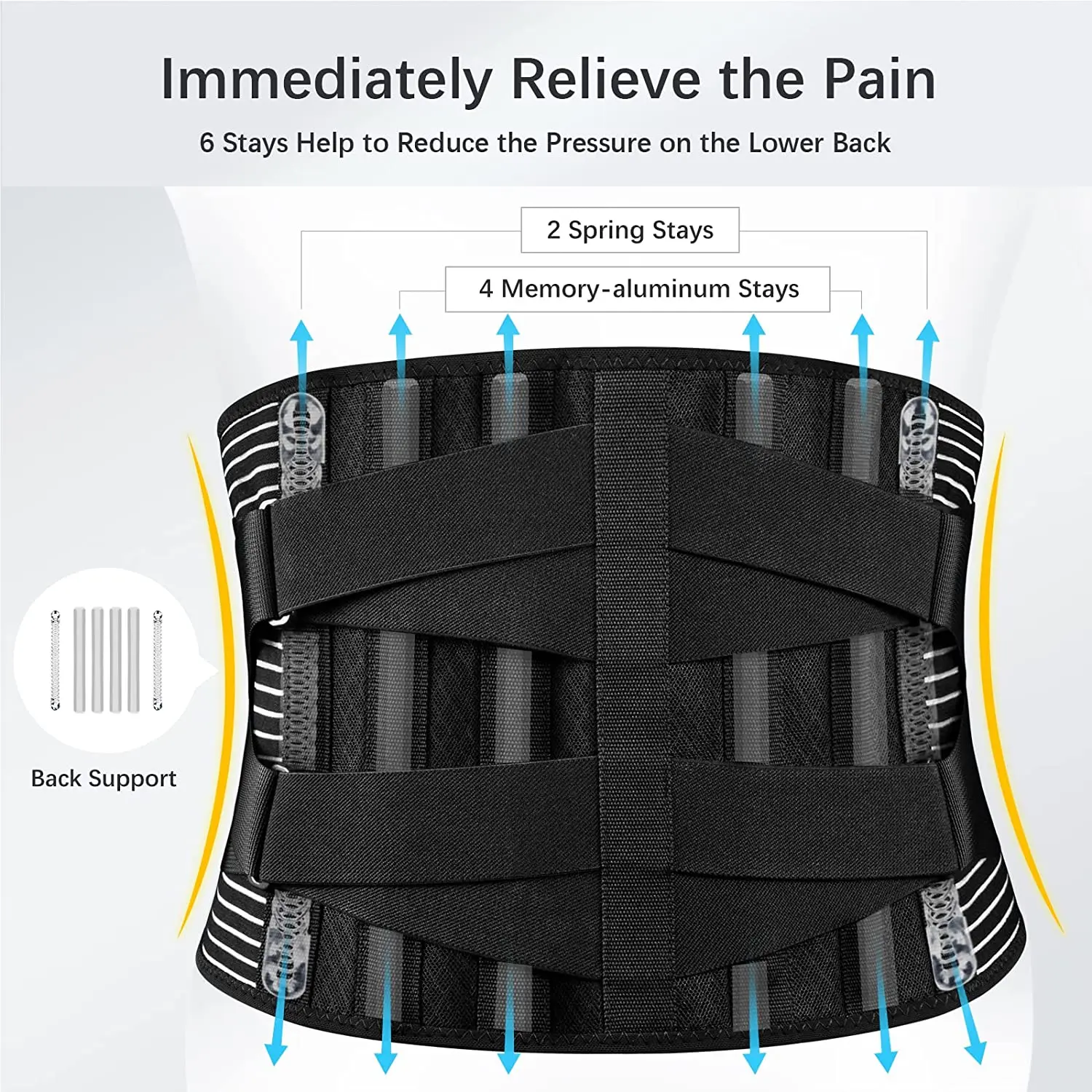 Tirantes para espalda para aliviar el dolor de espalda baja con 6 soportes, cinturón de soporte para espalda transpirable, cinturón de soporte lumbar antideslizante con 16 orificios