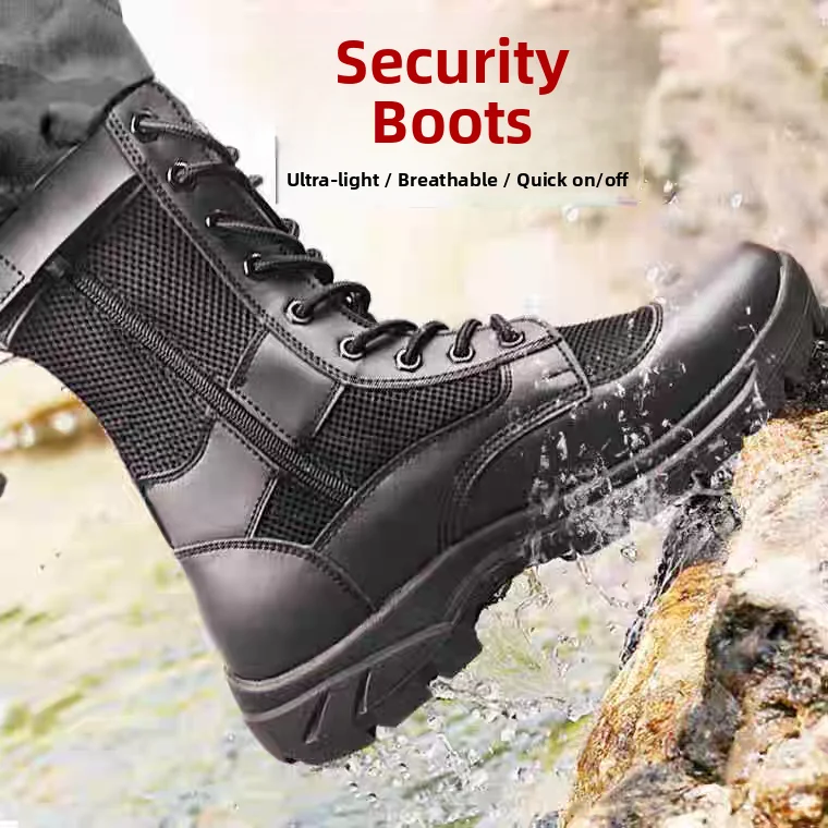 Men's Spring Autumn Breathable Mesh Leather Boots High Top Outdoor Casual Security Lace up Super Lightweight Single Skin Boots