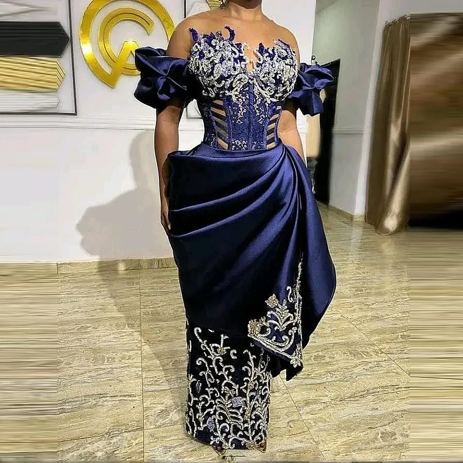 Vestidos de Noche de sirena Aso Ebi para mujer africana, apliques de hombros descubiertos, Cuentas Principales, lentejuelas, satén, talla grande, vestido de Graduación