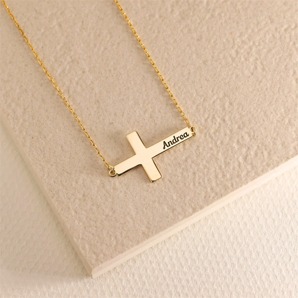 Custom Name Cross Necklace Women Men Engraved Date Name Necklace Stainless Steel Pendant First Communion Gift Christian Jewelry