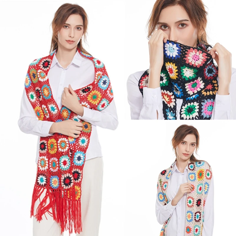 A2ES for Creative Scarfs Knitted Women Tassel Wraps Crochet Flower Scarves for Lover