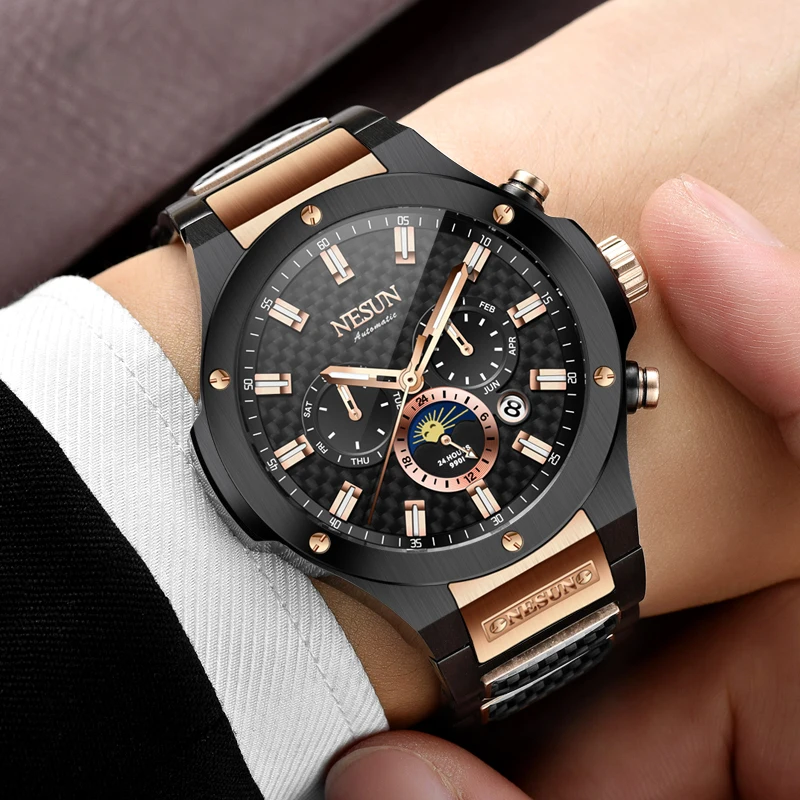 NESUN men's automatic mechanical watch, luminous fashion skeleton flywheel men's watch, calendar and day function