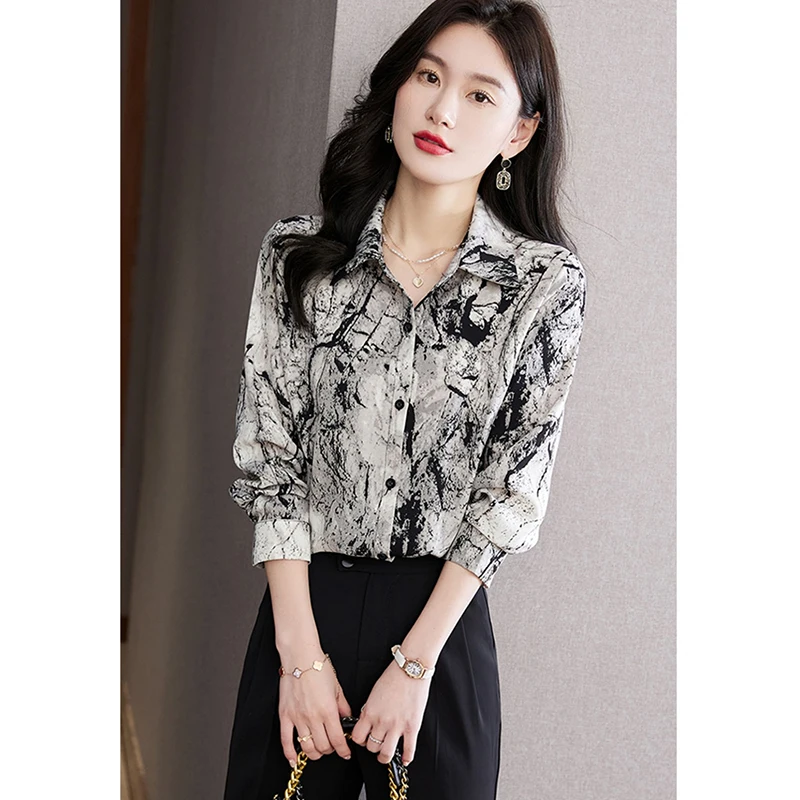 Women Spring Korean Loose Fashion printing Appear thin Polo-Neck Long sleeve Shirts women clothes Casual All-match Chiffon tops