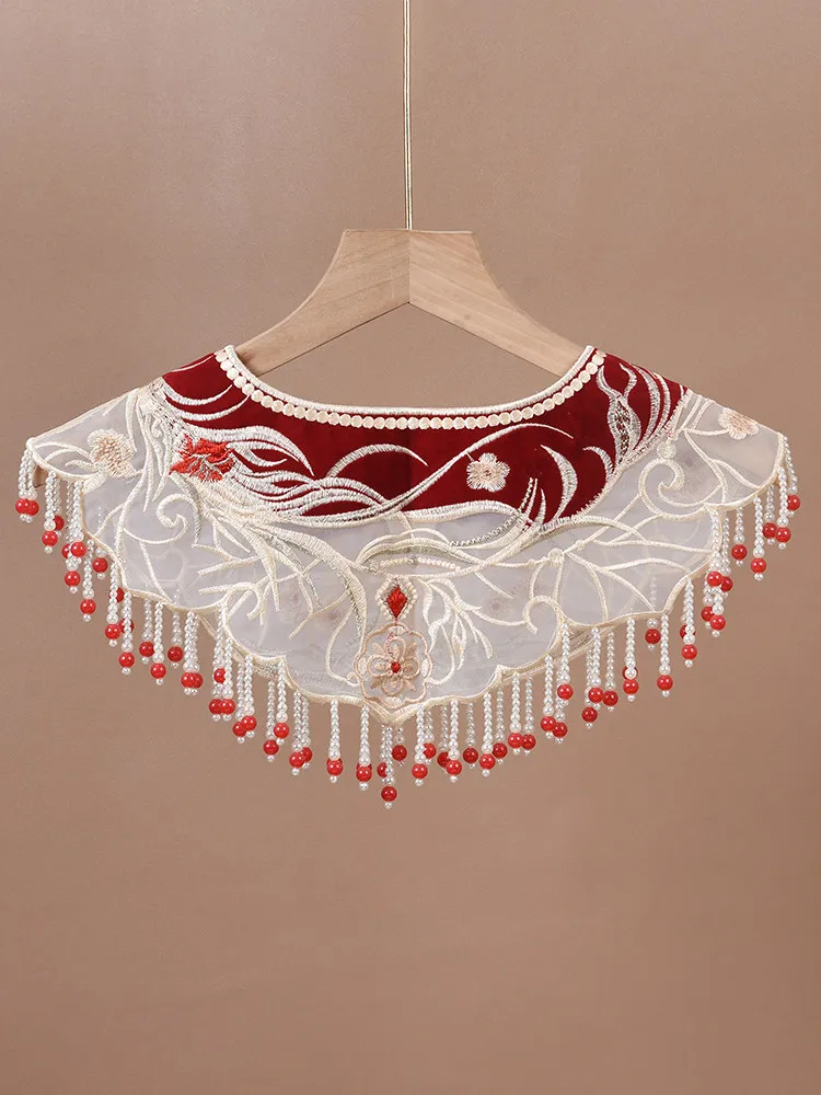 Chinese Traditional Embroidered Beaded Tassel Detachable Cloud Shoulder Collar Shawl For Cheongsam Hanfu Wedding Engagement Red