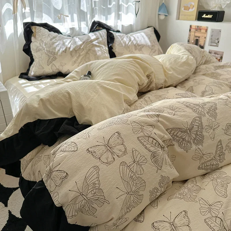 1.5/1.8 Korean Style 100% Cotton Fitted Sheet Sets with Lace Flower Print Bedding Set for Seasons Home Bedclothes for Adult Kids