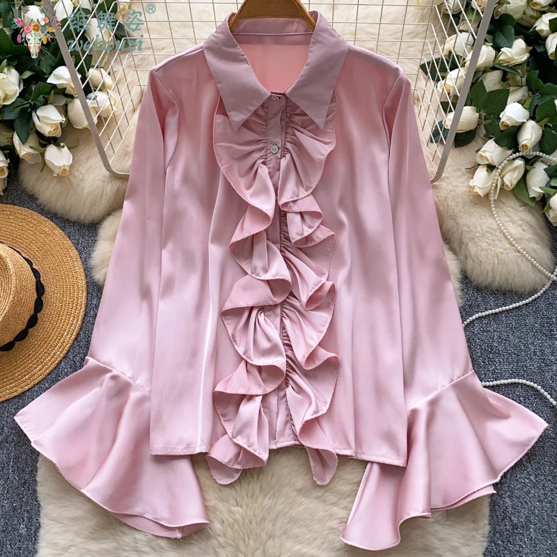 

Elegant French Women's Long Sleeved Chiffon Shirt Autumn New Loose Luxury Party Top Pleated Lotus Leaf Hem Evening Dress Shirt