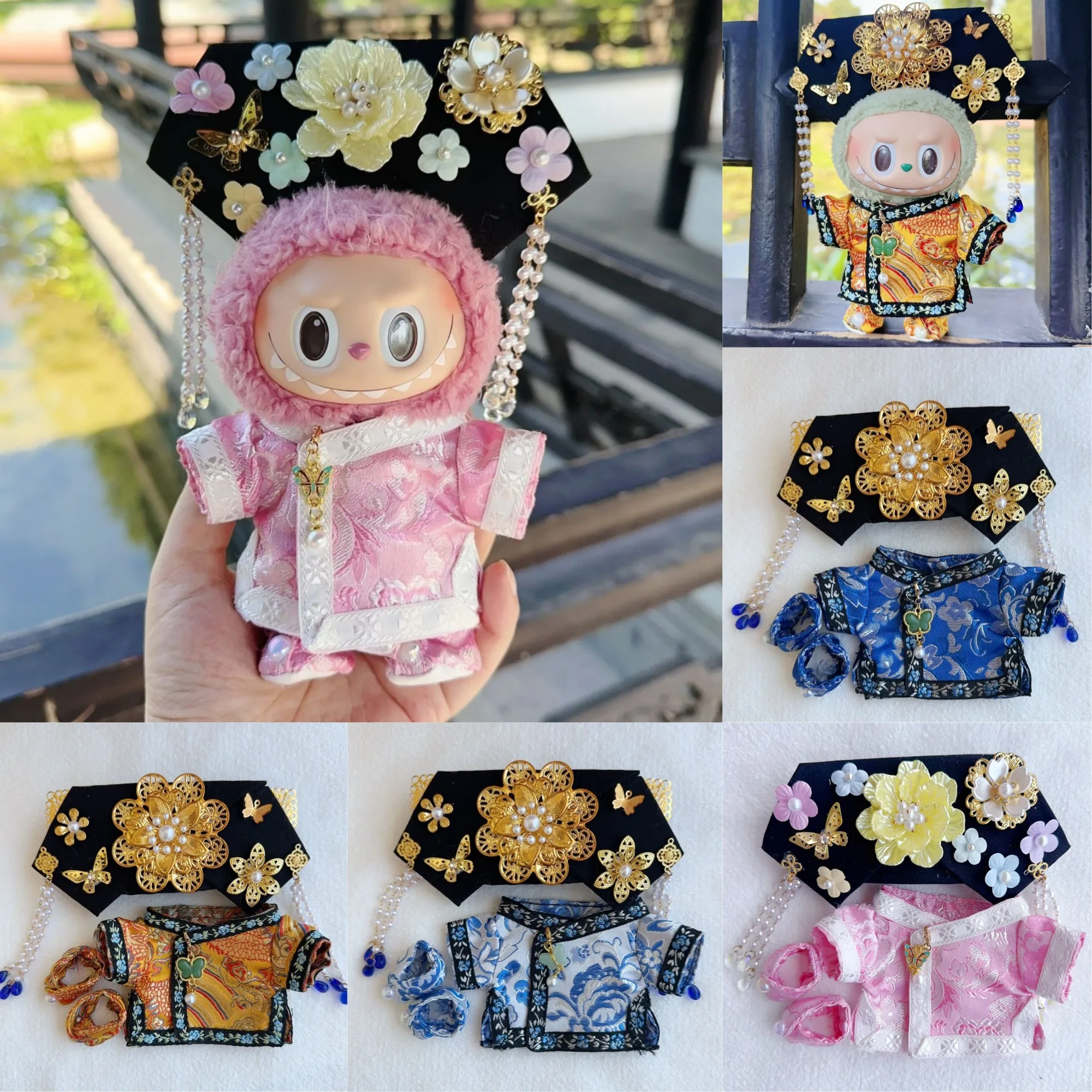 17cm Labubu Qipao Costume 1-3 Gen Fit Chinese Style Princess Outfits with Hairpieces Oriental Doll Clothes for Halloween Decor
