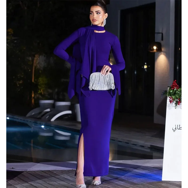 

Classy Long Purple Evening Dresses Halter Neck With Slit Straight Ankle Length Ruffled Formal Occasion Prom Party Gowns