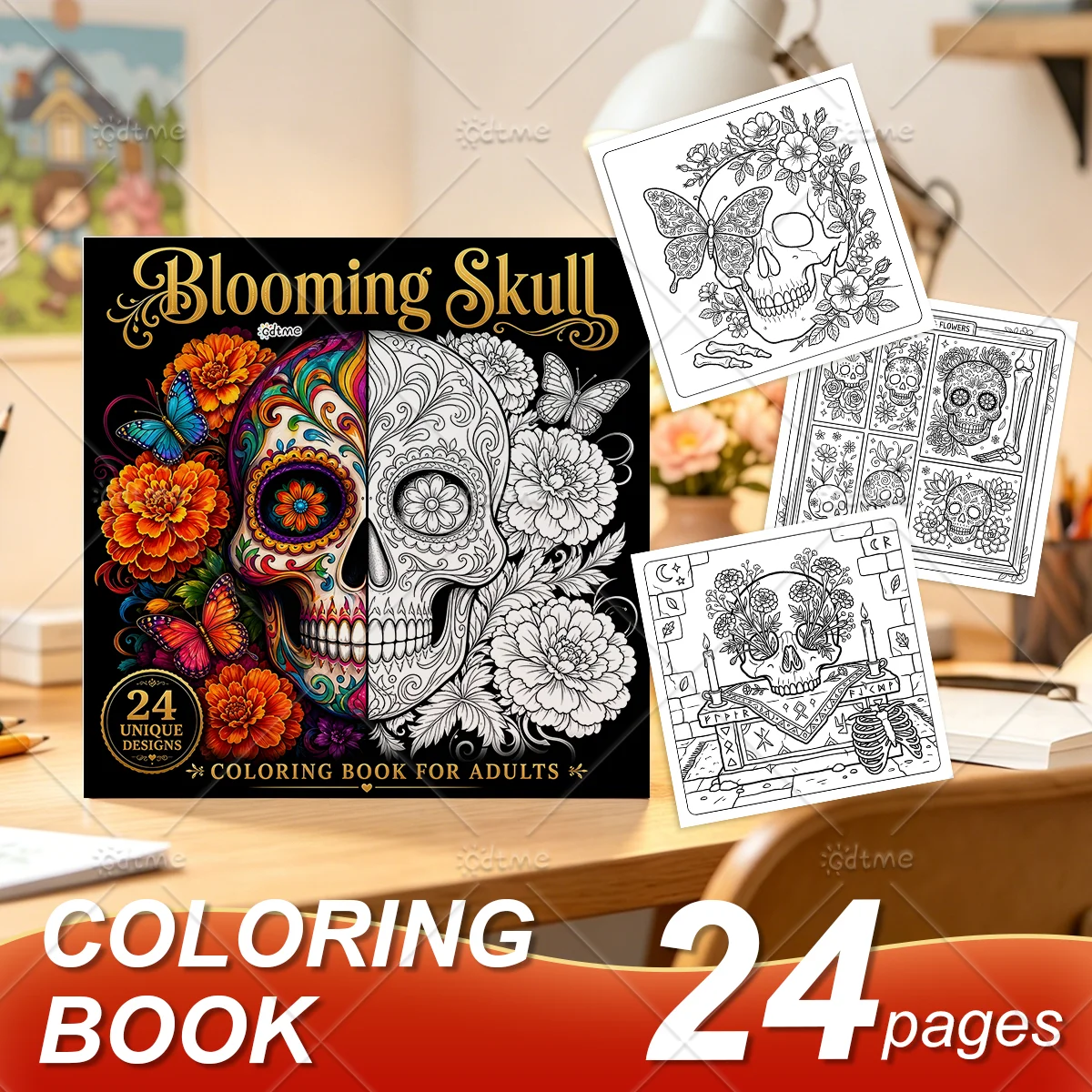 Blooming Skull Coloring Book for Adults, Floral Sugar Skull Day of the Dead Butterfly Scene, Stress Relief Art Drawing Book