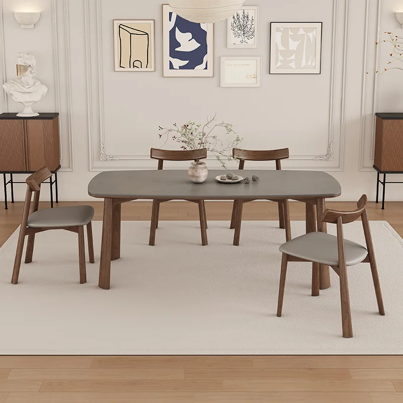 Solid wood rock slab dining table Modern simple household small apartment matte gray antique rock slab dining table