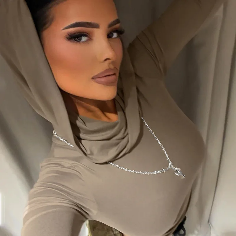 Casual Hoodie T-irt Women's Slim Fit Wrinkled Long Sve Crew Ne  Color Top Casual Streetwear Spring 2023