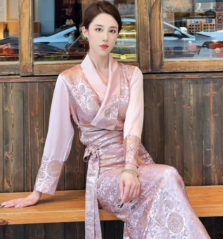 

Chinese Xizang Jacquard Guozhuang Dance Dress Women's Long Tibetan Dress