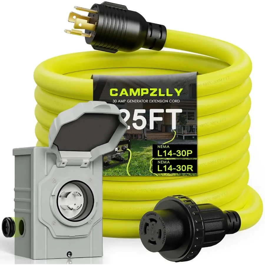 

30 Amp Generator Cord 25FT with PreDrilled NEMA L1430P Generator Inlet Box for Seamless Power Transfer from Generator to House