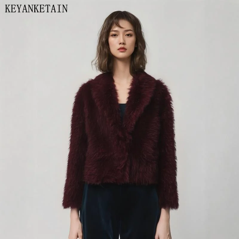 KEYANKETIAN 2025 New Women's Short Faux Fur Blazer Luxury Fluffy Coat Covered Button Thick Warm Fashion Cropped Greatcoat Top