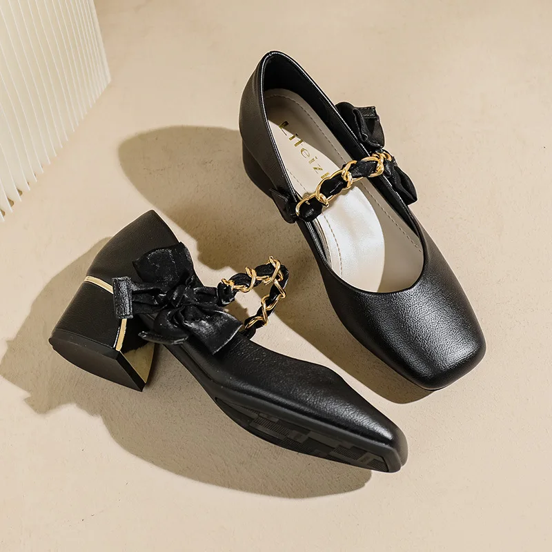 

Big Size 35- 42 43 Women Leather Pumps Lady Mary Jane Shoes Square Toe Sweet Lolita Shoes ribbon Bow Comfortable Med Thick Heel