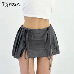 Skirts Women Pleated Slim Zipper Slit Retro Straps Design A-line High Street Aesthetic Trendy Clubwear Sexy Y2k Casual Solid