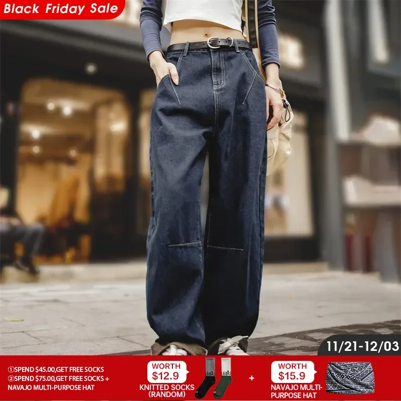 Maden 12.8OZ Washed Denim Jeans for Women 3D Cut Banana Pants Dark Blue Loose Casual Cargo Trousers Female Four Seasons Jeans