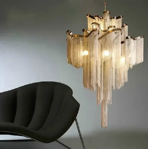 

Chain Hoist Double Entry Stair Lamp Engineering Design Luxury Chain Tassel Aluminum Chain Pendant Lamp