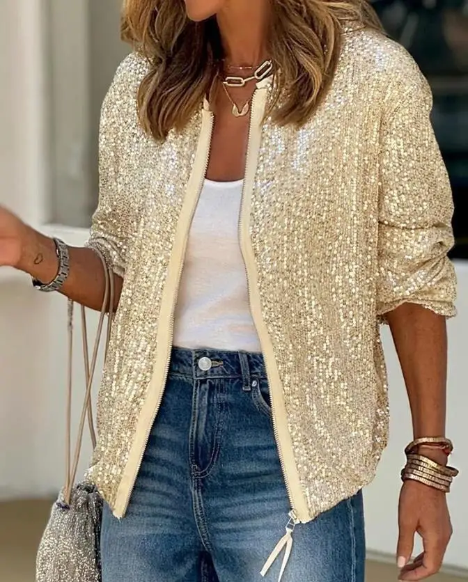 Women's Jacket 2025 Spring Autumn New Solid Color Long Sleeve Open Front Sequin Jacket Casual Loose Fit Party Zipper Jacket Top