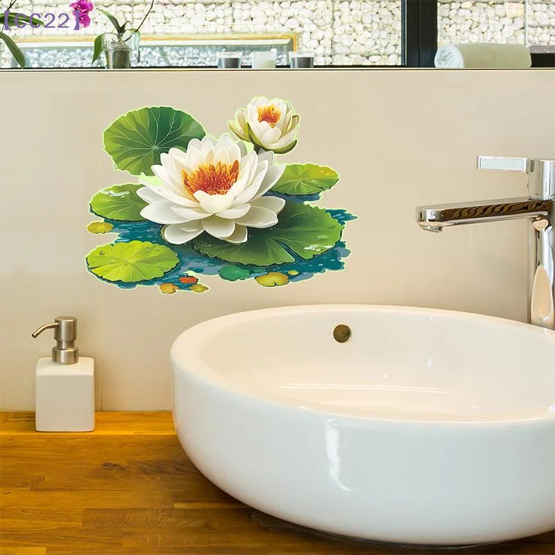 【CC22】Glow-in-the-Dark Green Water Lily Toilet Sticker PVC Self-adhesive Wall Sticker Bedroom Living Room Decals{C}