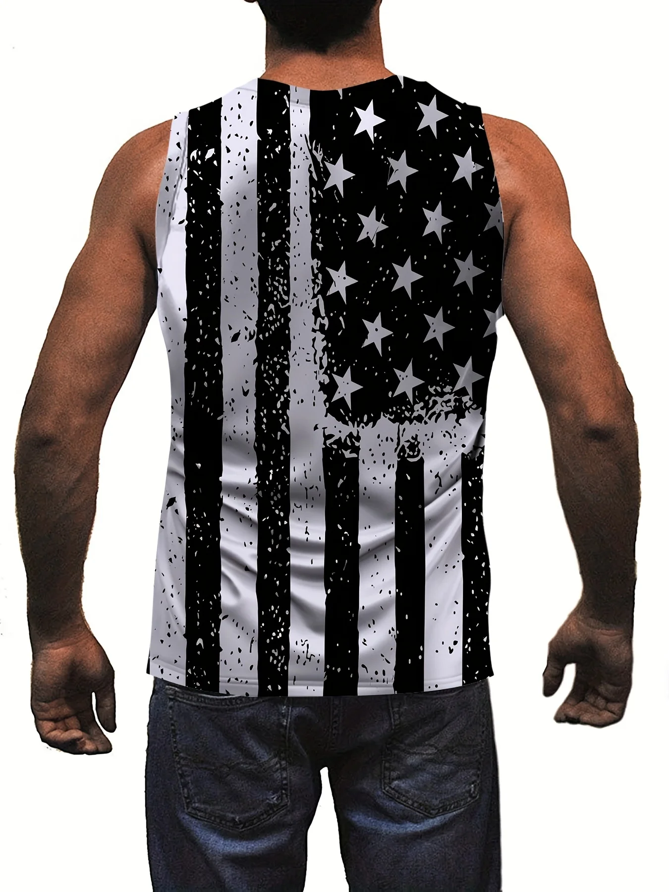 Plus Size Men's Casual Trendy USA Graphic Print Sleeveless Tank Tops, Summer Oversized Loose Vest For Fitness, Workout, Training