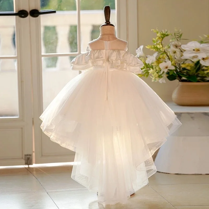 Elegantes weißes Blumenmädchenkleid mit Schleppe Prinzessin Kleinkind Kinder Hochzeit 1. Geburtstag Festzug Party Urlaubskleid J414B