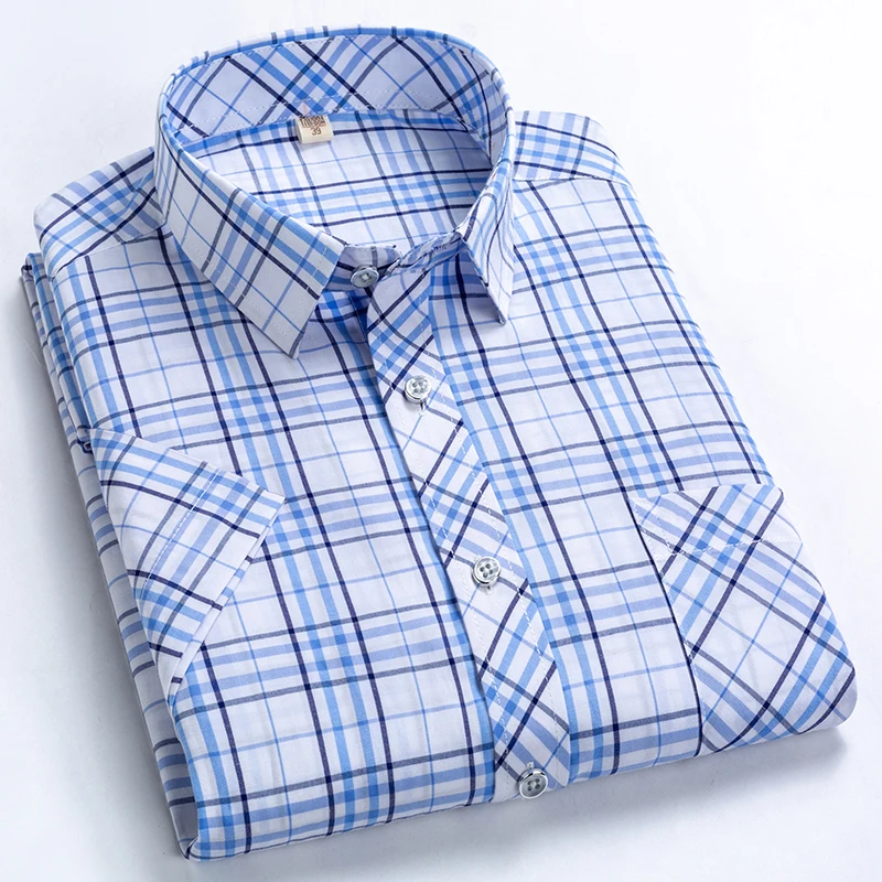 High Quality Men\'s Plaid Short Sleeve Shirts Business Casual Striped Turn-Down Collar Summer Man Shirt