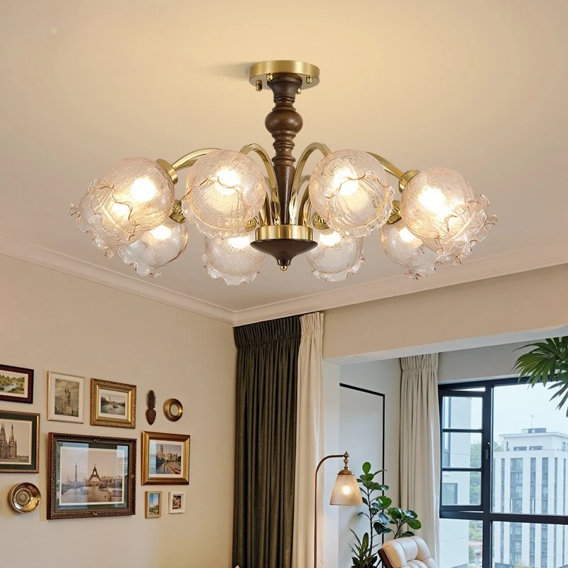 

American Gold Wrought Iron LED Chandeliers Flower Shape Glass Pendant Light Living Room Bedroom Restaurant Kitchen Hanging Lamps