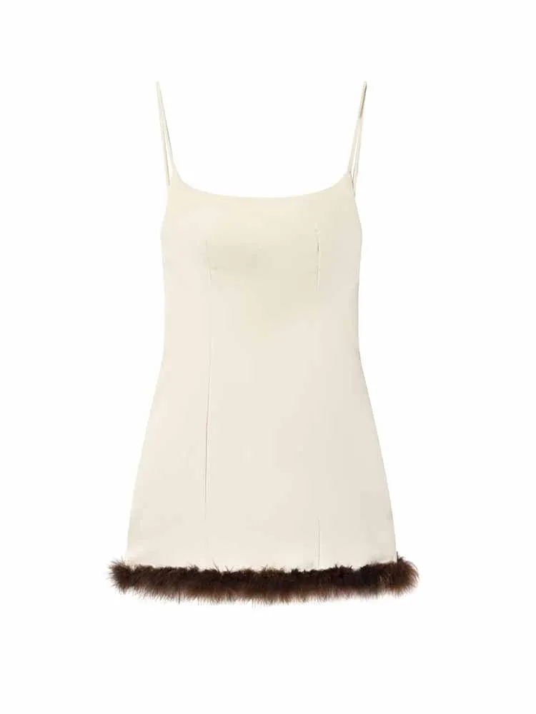 HH Nieuwe Vrouw Zomer Trend Mode Mouwloze Sexy Backless Veer Decoratie Zijde Satijn Textuur Elegante Korte Jarreteljurk