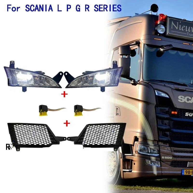 1 Pair Fog Lamp And Grille Fit For Scania R/P Truck 24V LED Light 2552712 2552711 With Cover Panel 2307647 2307649 with 2 plug