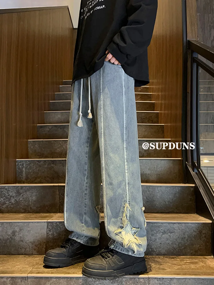 

Мужские джинсы прямого кроя в американском ретро-стиле, весенне-осенние, модные, свободные, с вышивкой, в стиле рабочей одежды, длинные брюки, в стиле High Street Vibe