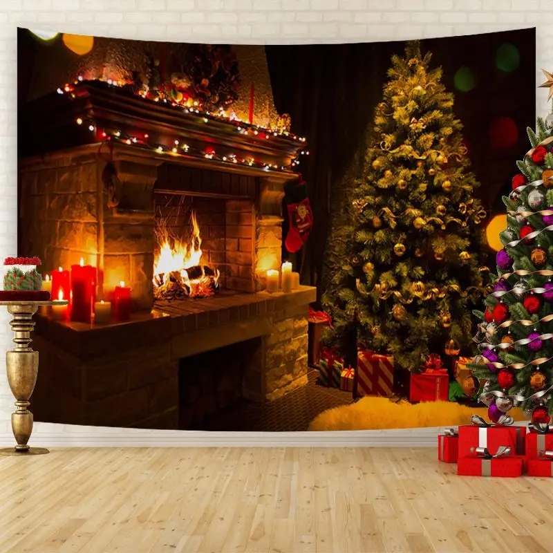 VIKAMA Fireplace Christmas Tree Christmas Tapestry, Festive Wall Art Background Cloth for Holiday Living Room Decor