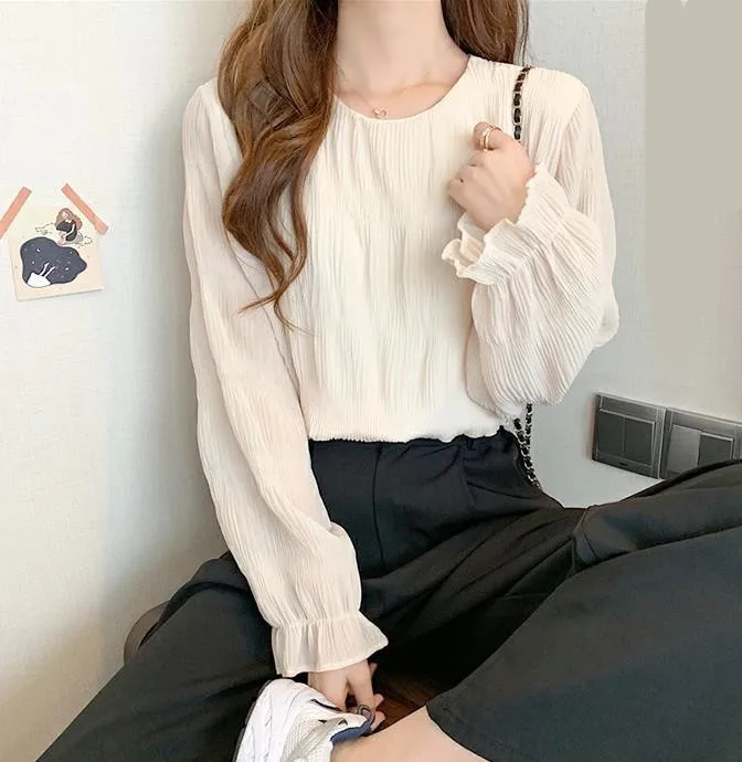 Women Loose Chiffon Top With Pleated Flared Sleeves Shirts 2025 Korean Style Inner Lined Long Sleeve Oversized Versatile Shirts
