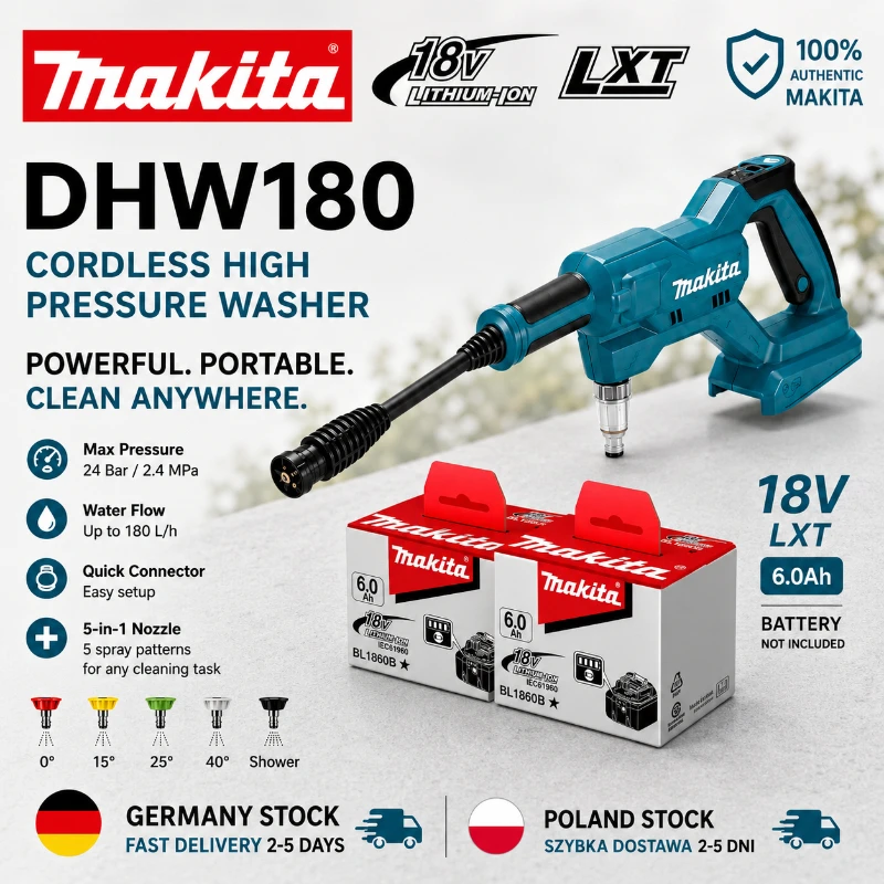 Original Makita DHW180 Tragbarer Kabelloser Hochdruckreiniger 18V Drahtloser Wasserstrahlreiniger für Autowäsche Gartenbewässerung Terrasse Außenbereich Boden- und Fensterreinigung EU Schnellversand