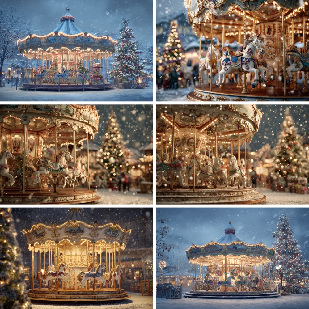 

Photography Background Merry Christmas Winter Carousel Snowy Xmas Tree Kids Family Portrait Decor Backdrop Photo Studio