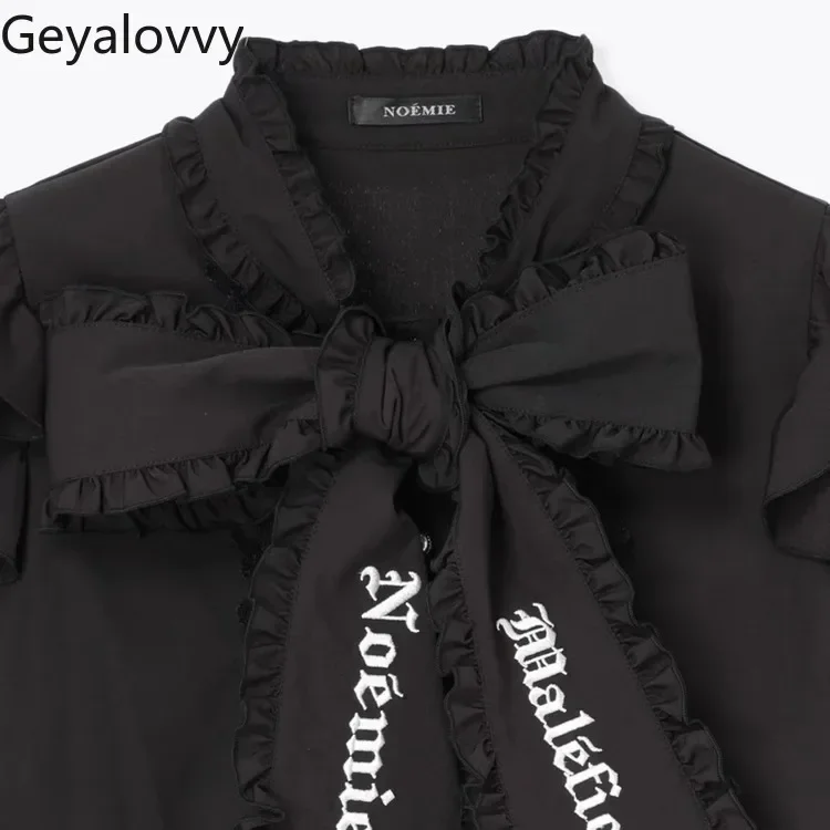 

Japanese Lolita Mine Gothic Ruffle Edge Off-shoulder Bow Strap Sweet Short-sleeved Top Versatile Stand-up Neck Embroidered Shirt