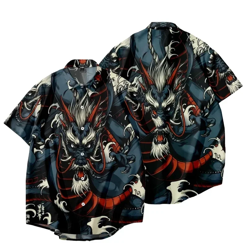 Chemise hawaïenne à manches courtes pour hommes, haut respirant, chemisier décontracté, chemise vintage, vêtements de la société, nouvel an, dragon, Y2K