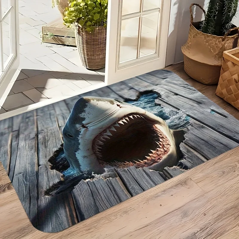 Flannel Printed Shark Rug 3D Realistic Ocean Scene Wooden Deck Effect Indoor Floor Mat Unique Design Home Decoration Living